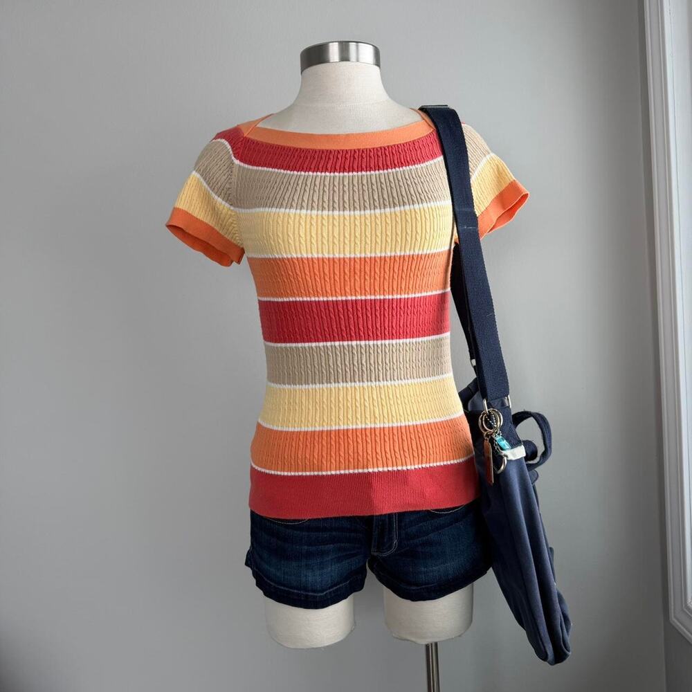 Pastel orange yellow white and tan striped short sleeve knit top